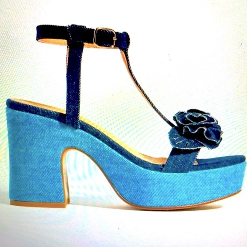 Maeve Two-Tone Denim Platform Sandals with Rosette